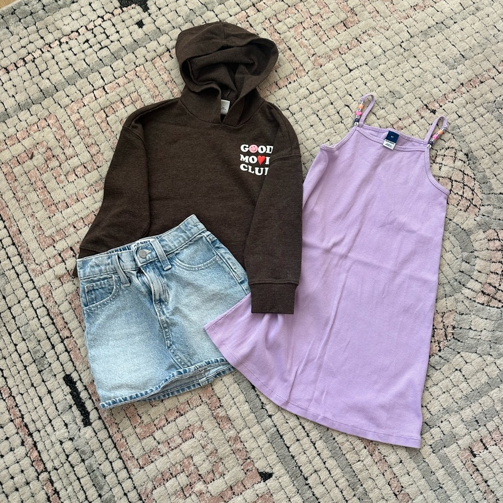 Old Navy Brown Hoodie, Purple Dress, and Denim Skirt Set